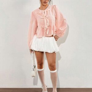 SHEIN EZwear Chemise ample à manches longues en velours vintage moderne à carreaux noir et blanc avec nœud devant, manches bouffantes. Hauts à manches longues