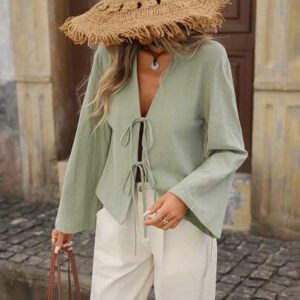 Brillora Chemise ample à manches longues pour femmes en couleur unie tissée, décontractée. Vêtements pour femmes d'automne, hauts à manches longues