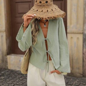 Brillora Chemise ample à manches longues pour femmes en couleur unie tissée, décontractée. Vêtements pour femmes d'automne, hauts à manches longues