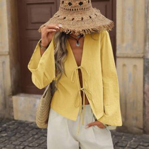 Brillora Chemise ample à manches longues pour femmes en couleur unie tissée, décontractée. Vêtements pour femmes d'automne, hauts à manches longues