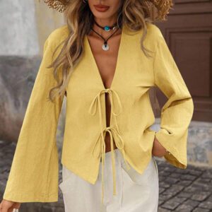 Brillora Chemise ample à manches longues pour femmes en couleur unie tissée, décontractée. Vêtements pour femmes d'automne, hauts à manches longues