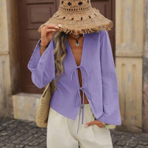 Brillora Chemise ample à manches longues pour femmes en couleur unie tissée, décontractée. Vêtements pour femmes d'automne, hauts à manches longues