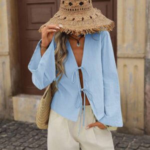 Brillora Chemise ample à manches longues pour femmes en couleur unie tissée, décontractée. Vêtements pour femmes d'automne, hauts à manches longues