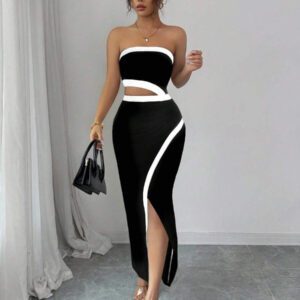 Chiquease Robe élégante et décontractée pour femmes en tricot patchwork, taille courte avec fente haute