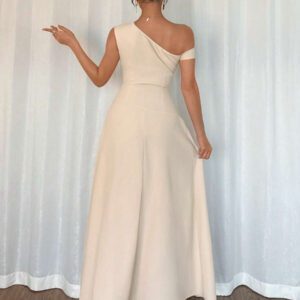 Islaluna Robe longue plissée asymétrique à épaules élégante et unie pour femmes