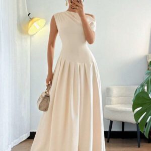 Islaluna Robe longue plissée asymétrique à épaules élégante et unie pour femmes
