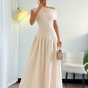 Islaluna Robe longue plissée asymétrique à épaules élégante et unie pour femmes