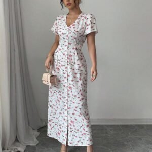 Rafferiza Nouvelle robe chemise style casual européen et américain avec encolure en V, taille cintrée et motif floral