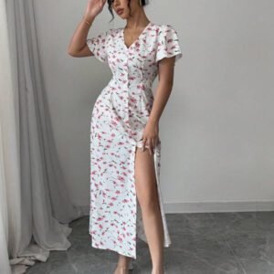 Rafferiza Nouvelle robe chemise style casual européen et américain avec encolure en V, taille cintrée et motif floral