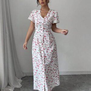 Rafferiza Nouvelle robe chemise style casual européen et américain avec encolure en V, taille cintrée et motif floral