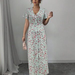 Rafferiza Nouvelle robe chemise style casual européen et américain avec encolure en V, taille cintrée et motif floral