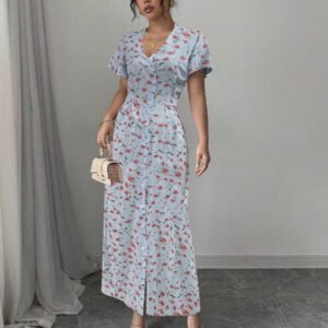 Rafferiza Nouvelle robe chemise style casual européen et américain avec encolure en V, taille cintrée et motif floral