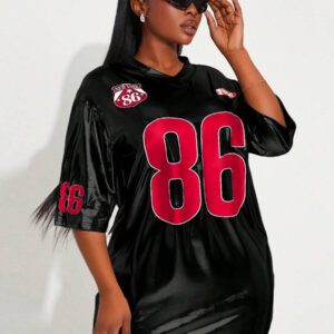 SHEIN SXY T-shirt oversize club métallique argent de style sportif, convient pour les équipes de supporters, les matchs de balle, les sorties, les anniversaires, les enterrements de vie de jeune fille, mignon, décontracté, shopping, streetwear, sortie