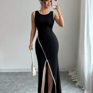 Elenzga Robe en tricot élégante sans manches, avec un passepoil blanc contrastant. Silhouette ajustée, avec une fente haute en forme de queue de poisson. Noir/blanc, convient pour les sorties, les rendez-vous, les fêtes, la Saint-Valentin, le printemps