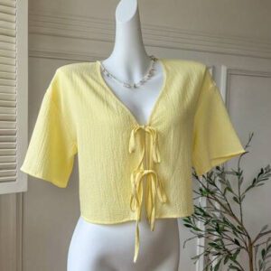 Comfortcana Blouse tissée jaune minimaliste pour femmes avec nœud devant texturé