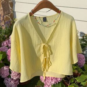 Comfortcana Blouse tissée jaune minimaliste pour femmes avec nœud devant texturé
