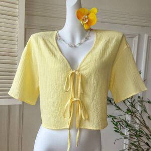 Comfortcana Blouse tissée jaune minimaliste pour femmes avec nœud devant texturé