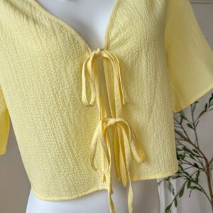 Comfortcana Blouse tissée jaune minimaliste pour femmes avec nœud devant texturé