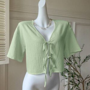 Comfortcana Blouse tissée jaune minimaliste pour femmes avec nœud devant texturé