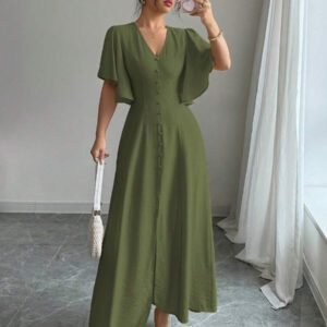 Elenzga Robe casual longue élégante pour femmes avec col en V, coupe évasée, ourlet fendu et détail de manches. Convient pour les thés, les vacances et les trajets domicile-travail au printemps/été