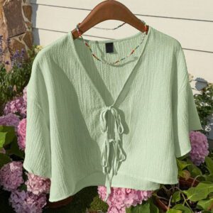 Comfortcana Blouse tissée jaune minimaliste pour femmes avec nœud devant texturé