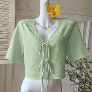 Comfortcana Blouse tissée jaune minimaliste pour femmes avec nœud devant texturé