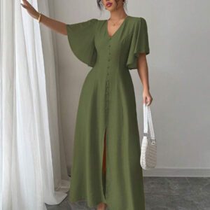 Elenzga Robe casual longue élégante pour femmes avec col en V, coupe évasée, ourlet fendu et détail de manches. Convient pour les thés, les vacances et les trajets domicile-travail au printemps/été