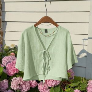 Comfortcana Blouse tissée jaune minimaliste pour femmes avec nœud devant texturé