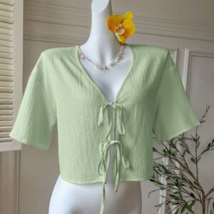 Comfortcana Blouse tissée jaune minimaliste pour femmes avec nœud devant texturé