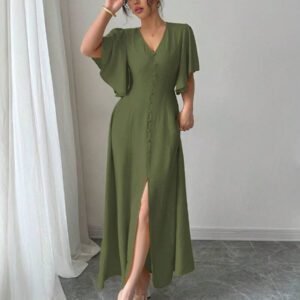 Elenzga Robe casual longue élégante pour femmes avec col en V, coupe évasée, ourlet fendu et détail de manches. Convient pour les thés, les vacances et les trajets domicile-travail au printemps/été