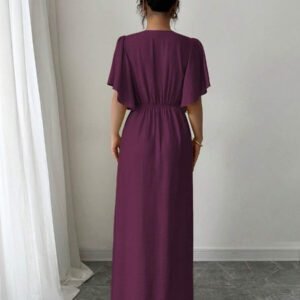Elenzga Robe casual longue élégante pour femmes avec col en V, coupe évasée, ourlet fendu et détail de manches. Convient pour les thés, les vacances et les trajets domicile-travail au printemps/été