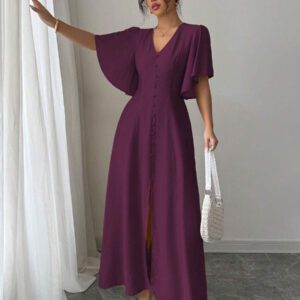 Elenzga Robe casual longue élégante pour femmes avec col en V, coupe évasée, ourlet fendu et détail de manches. Convient pour les thés, les vacances et les trajets domicile-travail au printemps/été