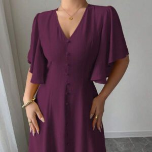 Elenzga Robe casual longue élégante pour femmes avec col en V, coupe évasée, ourlet fendu et détail de manches. Convient pour les thés, les vacances et les trajets domicile-travail au printemps/été