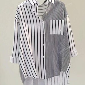 Chemise rayée simple et décontractée pour femme, avec patchwork et boutons, pour le printemps, l'été, l'automne et l'hiver