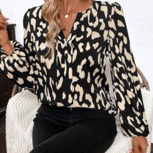 SHEIN Clasi Blouse décontractée à manches longues avec col en V et imprimé léopard pour femmes, Hauts à manches longues
