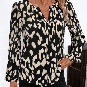 SHEIN Clasi Blouse décontractée à manches longues avec col en V et imprimé léopard pour femmes, Hauts à manches longues