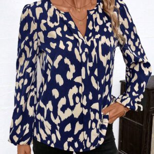 SHEIN Clasi Blouse décontractée à manches longues avec col en V et imprimé léopard pour femmes, Hauts à manches longues