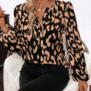 SHEIN Clasi Blouse décontractée à manches longues avec col en V et imprimé léopard pour femmes, Hauts à manches longues