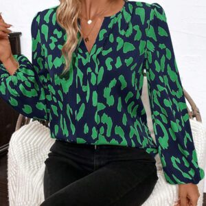 SHEIN Clasi Blouse décontractée à manches longues avec col en V et imprimé léopard pour femmes, Hauts à manches longues