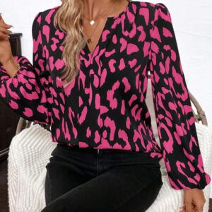 SHEIN Clasi Blouse décontractée à manches longues avec col en V et imprimé léopard pour femmes, Hauts à manches longues