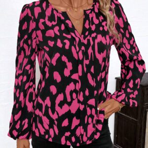 SHEIN Clasi Blouse décontractée à manches longues avec col en V et imprimé léopard pour femmes, Hauts à manches longues
