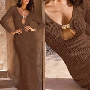 Opulessa 1 pièce Robe fourreau longue à col V en tricot de couleur unie, manches longues, pour femmes, pour mariage, cocktail, fête de Noël, soirée habillée, vacances