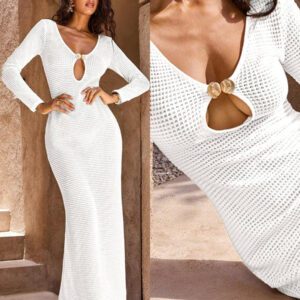 Opulessa 1 pièce Robe fourreau longue à col V en tricot de couleur unie, manches longues, pour femmes, pour mariage, cocktail, fête de Noël, soirée habillée, vacances