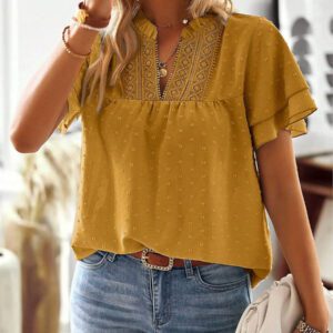 Calvaya Top à encolure échancrée avec patchwork en dentelle de couleur unie, manches courtes