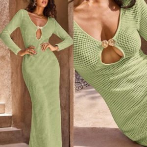 Opulessa 1 pièce Robe fourreau longue à col V en tricot de couleur unie, manches longues, pour femmes, pour mariage, cocktail, fête de Noël, soirée habillée, vacances