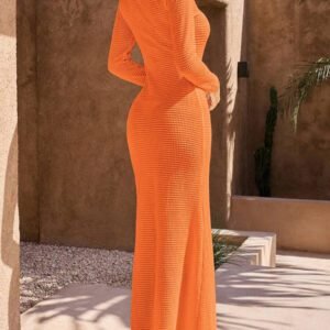 Opulessa 1 pièce Robe fourreau longue à col V en tricot de couleur unie, manches longues, pour femmes, pour mariage, cocktail, fête de Noël, soirée habillée, vacances