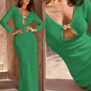 Opulessa 1 pièce Robe fourreau longue à col V en tricot de couleur unie, manches longues, pour femmes, pour mariage, cocktail, fête de Noël, soirée habillée, vacances