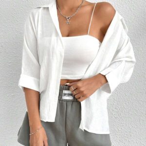 SHEIN PETITE Chemise blanche à manches chauve-souris de couleur blanche unie, de style printanier