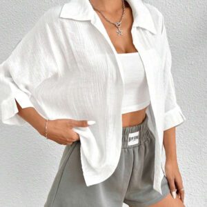 SHEIN PETITE Chemise blanche à manches chauve-souris de couleur blanche unie, de style printanier
