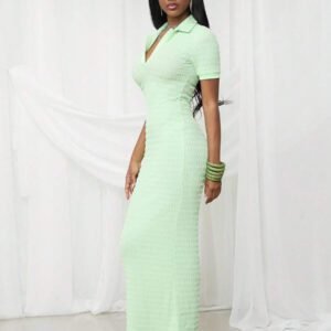 NYA SZN Robe maxi texturée ajustée à manches courtes avec col printanier pour festival d'été, Jour de la Saint-Patrick, vacances, printemps modeste, remise des diplômes, invité de mariage, occasions spéciales, dîner de demoiselle d'honneur, bal de promo